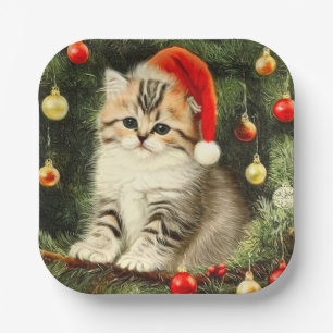 Vintage Kerstmis Kitten Papieren Bordje