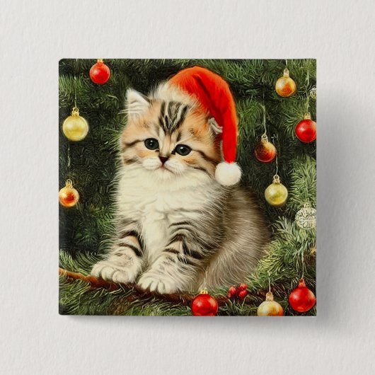 Vintage Kerstmis Kitten Vierkante Button 5,1 Cm (Voorkant)