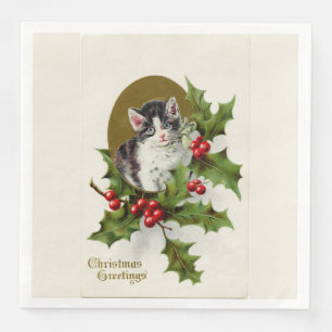 Vintage Kerstmis Kitten White Servetten