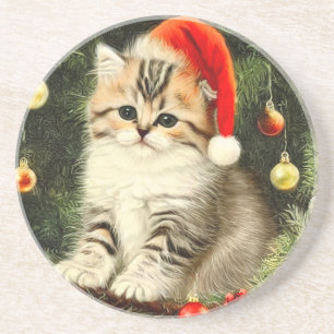 Vintage Kerstmis Kitten Zandsteen Onderzetter