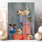 Vintage Kerstmis Kittens en Giften Feestdagen Kaart