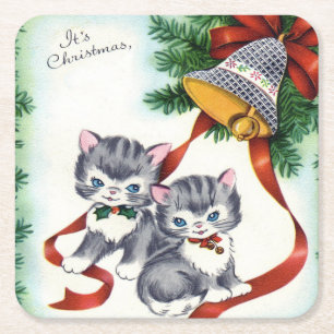 Vintage Kerstmis Kittens Kartonnen Onderzetters
