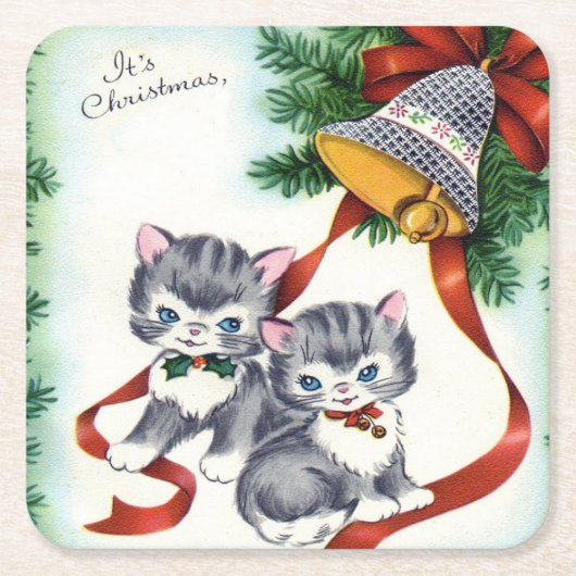Vintage Kerstmis Kittens Kartonnen Onderzetters (Voorkant)
