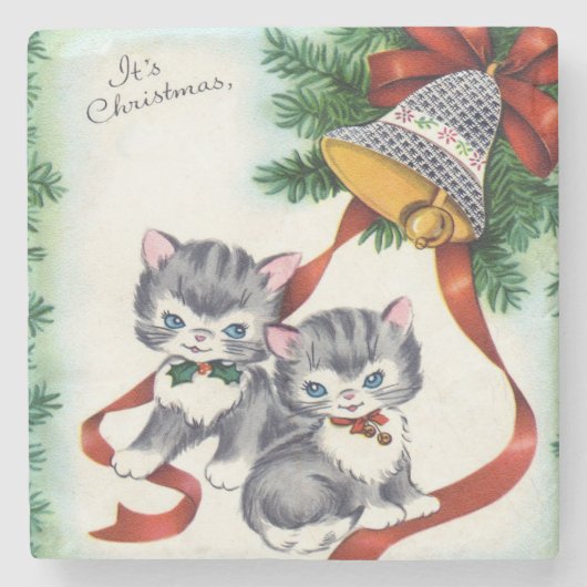 Vintage Kerstmis Kittens Stenen Onderzetter (Voorkant)