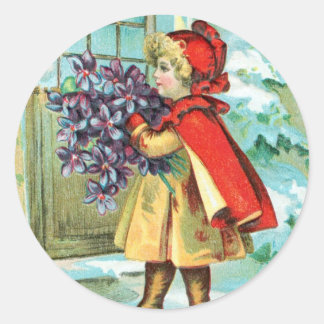 Vintage Kerstmis, klein meisje en Violet Ronde Sticker