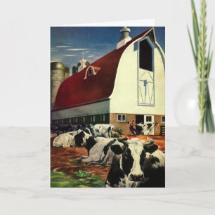 Vintage Kerstmis, Koeien met Barn op een Boerderij Feestdagen Kaart