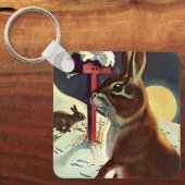 Vintage Kerstmis, Konijnen in een wintersneeuwvens Sleutelhanger (Voorkant)