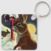 Vintage Kerstmis, Konijnen in een wintersneeuwvens Sleutelhanger (Achterkant)