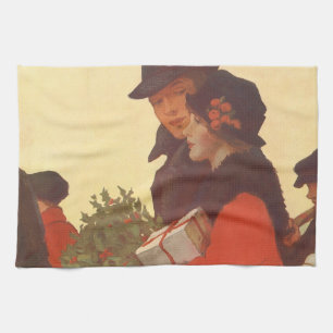 Vintage kerstmis, liefde en Romance Gift Shopping Theedoek