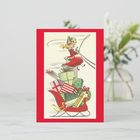 Vintage Kerstmis Meisje Brengt Cadeaus Feestdagenkaart (Staand voorkant)