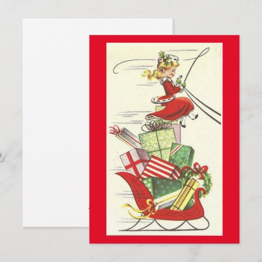 Vintage Kerstmis Meisje Brengt Cadeaus Feestdagenkaart (Voorkant / Achterkant)
