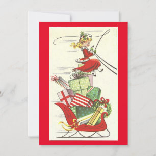 Vintage Kerstmis Meisje Brengt Cadeaus Feestdagenkaart