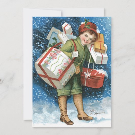 Vintage Kerstmis, meisje met cadeautjes op winters Kaart (Voorkant)