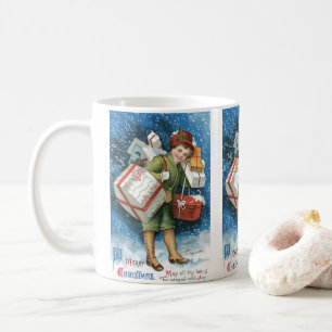 Vintage Kerstmis, meisje met cadeautjes op winters Koffiemok