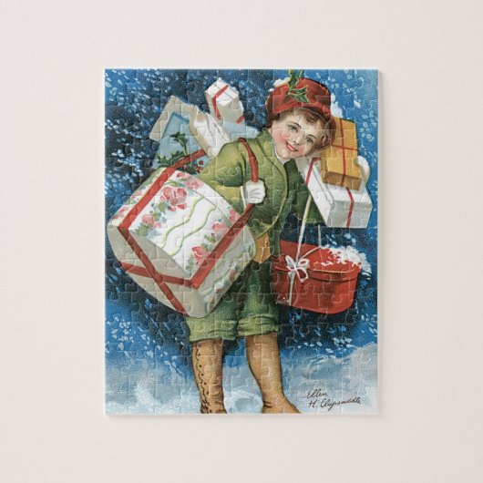 Vintage Kerstmis, meisje met cadeautjes op winters Legpuzzel (Verticaal)
