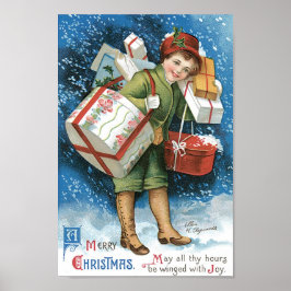 Vintage Kerstmis, meisje met cadeautjes op winters Poster
