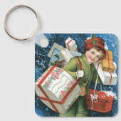Vintage Kerstmis, meisje met cadeautjes op winters Sleutelhanger (Voorkant)