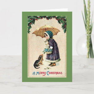 Vintage Kerstmis - Meisje met Katje & Puppy, Feestdagen Kaart