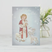 Vintage Kerstmis Meisje Met Lammeren Feestdagenkaart (Staand voorkant)