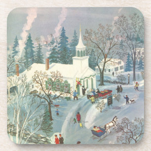 Vintage Kerstmis, mensen die naar de kerk gaan in  Bier Onderzetter