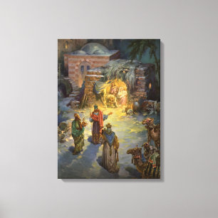Vintage kerstmis met bezoek aan Magi Canvas Afdruk