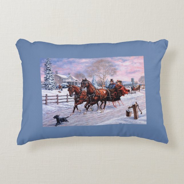 Vintage kerstmis - met paarden uitgeruste slee, accent kussen (Voorkant)