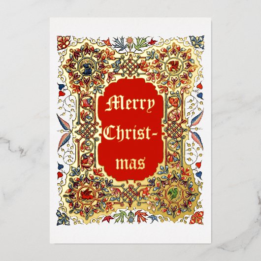 Vintage kerstmis middeleeuwse verlichte stijl folie feestdagenkaart (Voorkant)