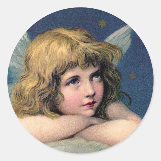 Vintage Kerstmis, Mooie Engel met Gouden Sterren Ronde Sticker
