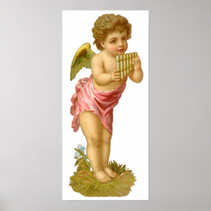 Vintage Kerstmis, Musician Angel met Pan Pipes Poster