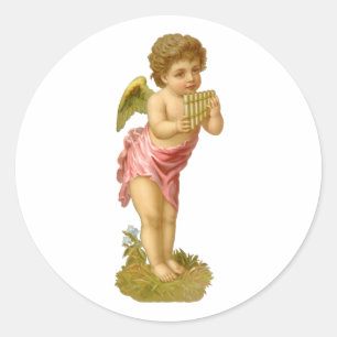 Vintage Kerstmis, Musician Angel met Pan Pipes Ronde Sticker