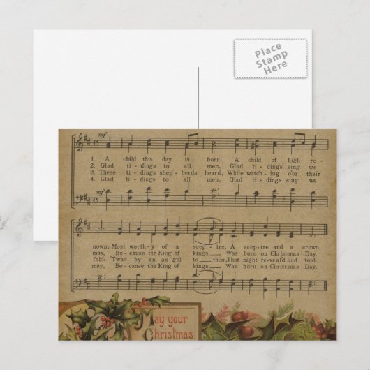 Vintage Kerstmis Muziek Blad Vakantie Feestdagenkaart (Voorkant / Achterkant)