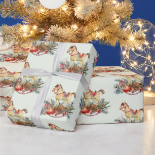 Vintage Kerstmis Paard, Rode bessen, Decoraties Cadeaupapier