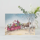 Vintage Kerstmis Paarden Trekken Sleigh Feestdagenkaart (Staand voorkant)