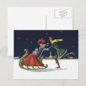 Vintage Kerstmis, paren in liefdesijsschaatsen Feestdagenkaart (Voorkant / Achterkant)