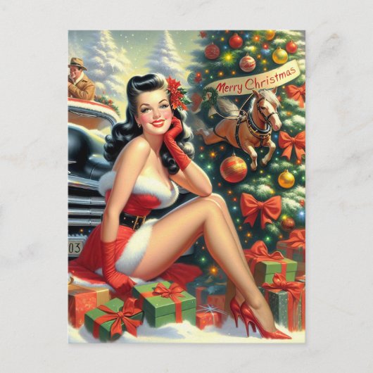 Vintage Kerstmis Pin-up Briefkaart (Voorkant)