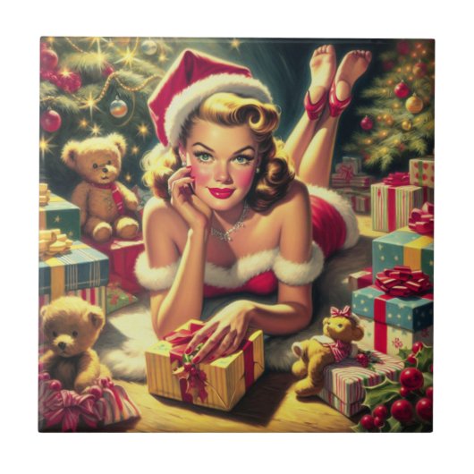 Vintage Kerstmis Pin-up Tegeltje (Voorkant)