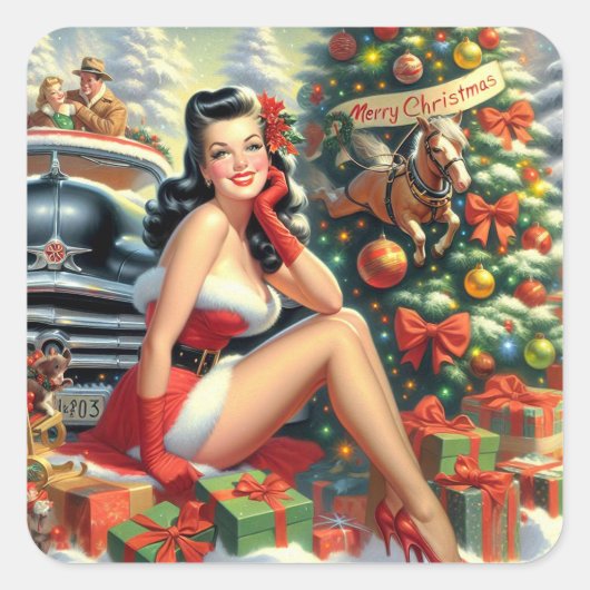 Vintage Kerstmis Pin-up Vierkante Sticker (Voorkant)