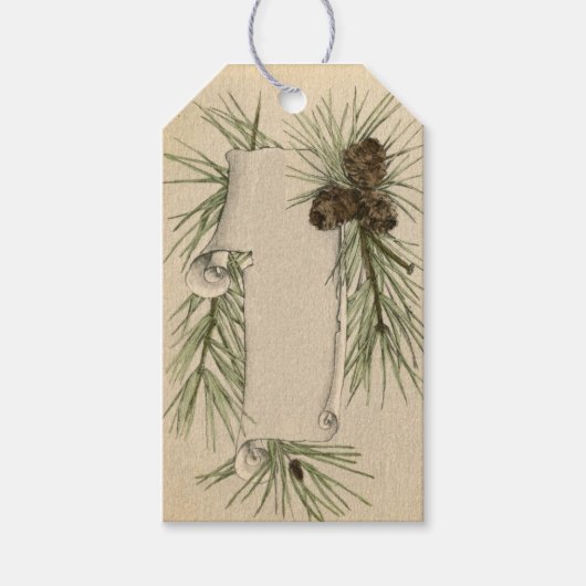 Vintage Kerstmis Pinecone en Scroll Vakantie Cadeaulabel (Voorkant)