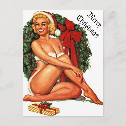 Vintage Kerstmis Pinup Meisje Feestdagenkaart (Voorkant)