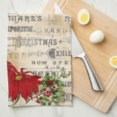 Vintage Kerstmis Poinsetias Holly Kitchen Towel Theedoek (Quarter Fold)