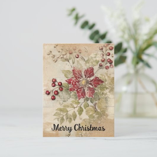 Vintage Kerstmis Poinsettia Bloem Collage Briefkaart (Staand voorkant)