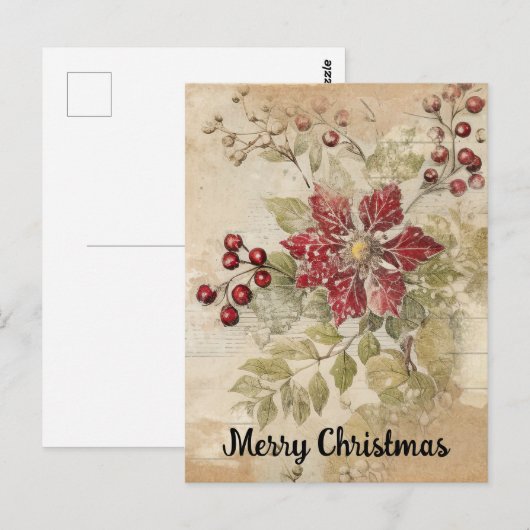 Vintage Kerstmis Poinsettia Bloem Collage Briefkaart (Voorkant / Achterkant)