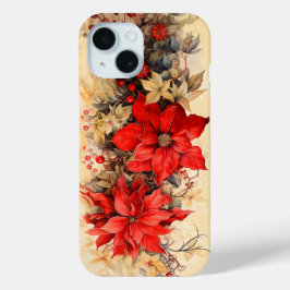 Vintage Kerstmis Poinsettia Bloemen iPhone 15 Case