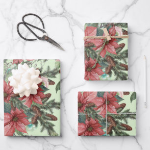 Vintage Kerstmis Poinsettia Flowers en Pinecones Inpakpapier Vel