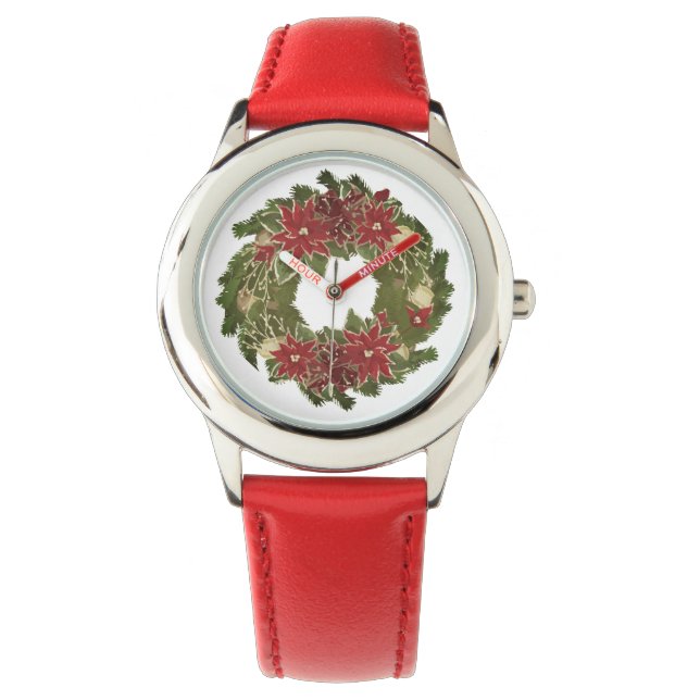 Vintage Kerstmis Poinsettias krans vakantie Horloge (Voorkant)