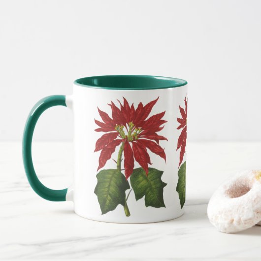 Vintage Kerstmis, Red Poinsettia Winter Plant Mok (Met donut)