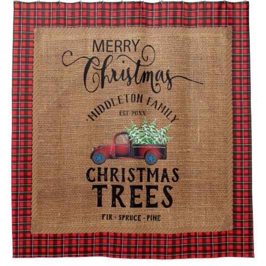 Vintage Kerstmis - Red Truck Douchegordijn (Voorkant)