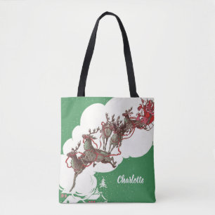 Vintage Kerstmis, Retro Santa Claus in Sleigh Tote Bag