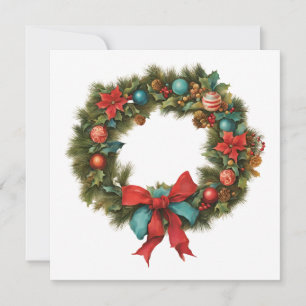 Vintage Kerstmis Rode Poinsettia, Ornamenten krans Feestdagenkaart
