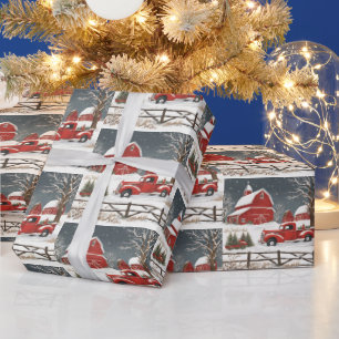 Vintage Kerstmis Rode Vrachtwagen, Schuur, Plattel Cadeaupapier